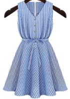 Shein Blue V Neck Long Sleeve Belt Striped Dress