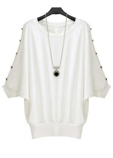 Rosewe Simple White Cotton Batwing Sleeve Tees With Button