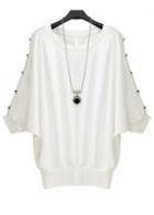 Rosewe Simple White Cotton Batwing Sleeve Tees With Button