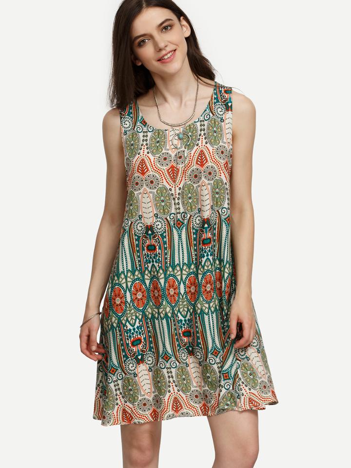Shein Tribal Print Round Neck Sleeveless Shift Dress