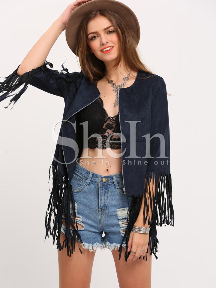 Shein Navy Long Sleeve Zipper Tassel Jacket