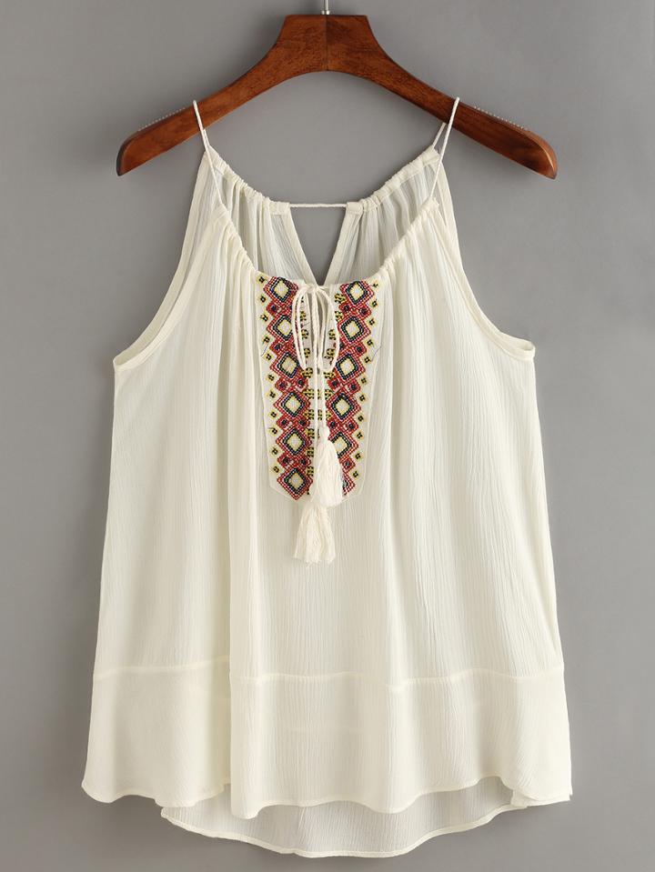 Shein Tasselled Drawstring Neck Embroidered Cami Top - Beige