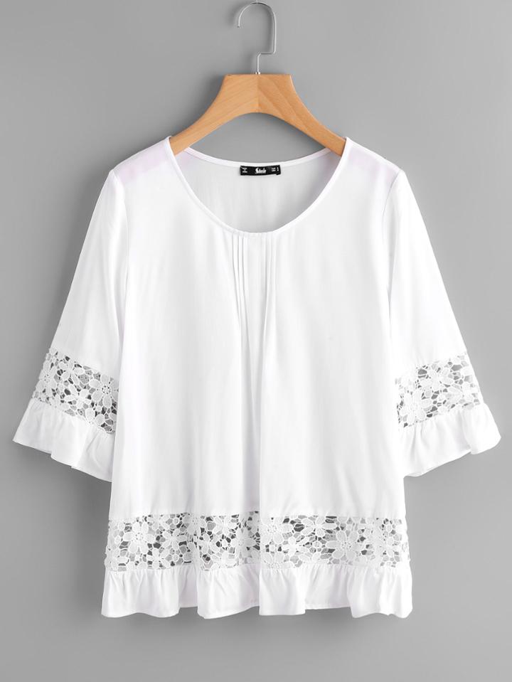 Shein Lace Insert Pleated Neck Ruffle Hem Blouse