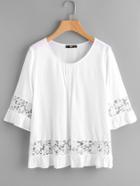 Shein Lace Insert Pleated Neck Ruffle Hem Blouse
