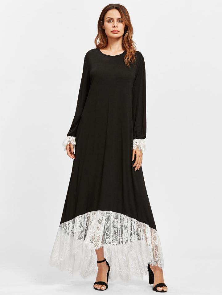 Shein Keyhole Back Contrast Lace Cuff And Hem Kaftan Dress