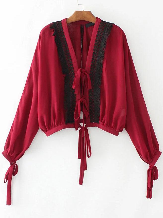 Shein Red Eyelash Lace Trim Blouse With Tie