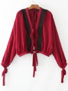 Shein Red Eyelash Lace Trim Blouse With Tie