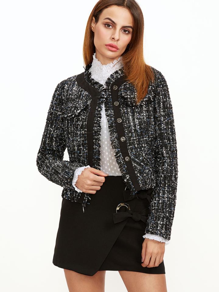 Shein Black Frayed Trim Single Breasted Tweed Blazer