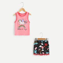 Shein Girls Unicorn Print Vest With Fringe Hem Shorts