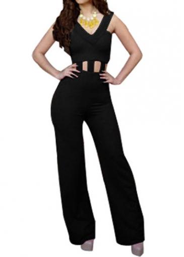 Rosewe Ankle Length V Neck Black Jumpsuit