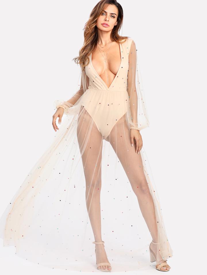 Shein Pearl Beading Mesh Bodysuit Dress