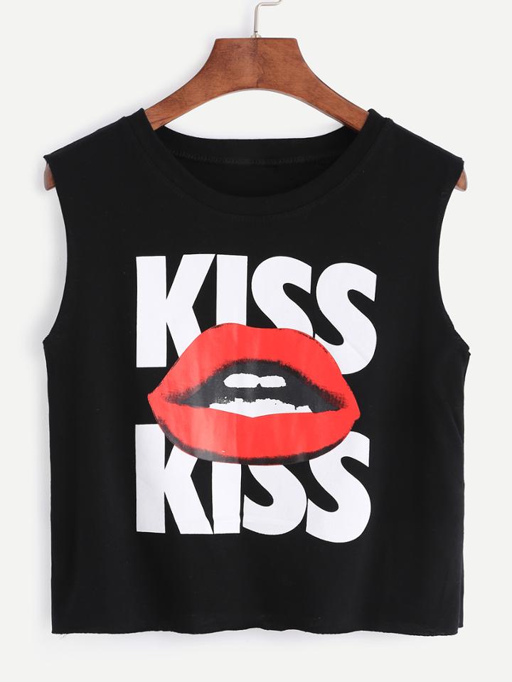 Shein Red Lips And Letters Print Black Sleeveless Top