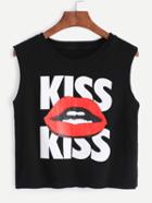 Shein Red Lips And Letters Print Black Sleeveless Top