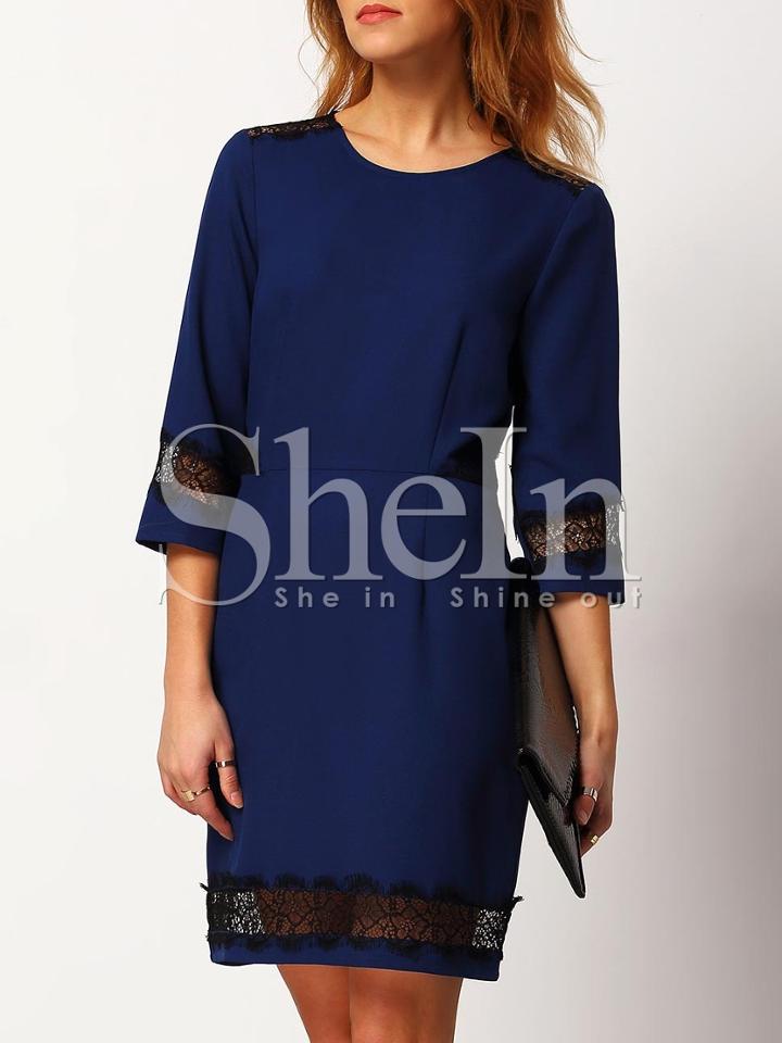 Shein Blue High Waist With Lace Dress