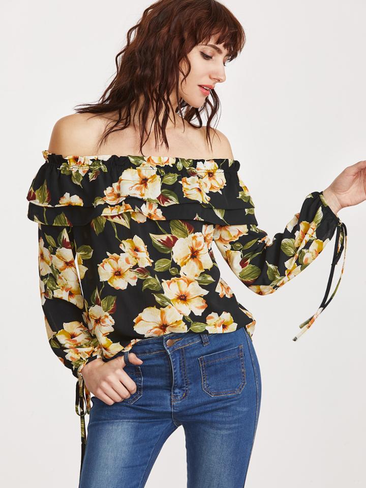 Shein Flower Print Ruffle Off The Shoulder Tie Sleeve Top