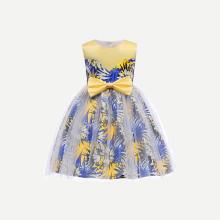 Shein Girls Tie Detail Floral Print Mesh Overlay Dress