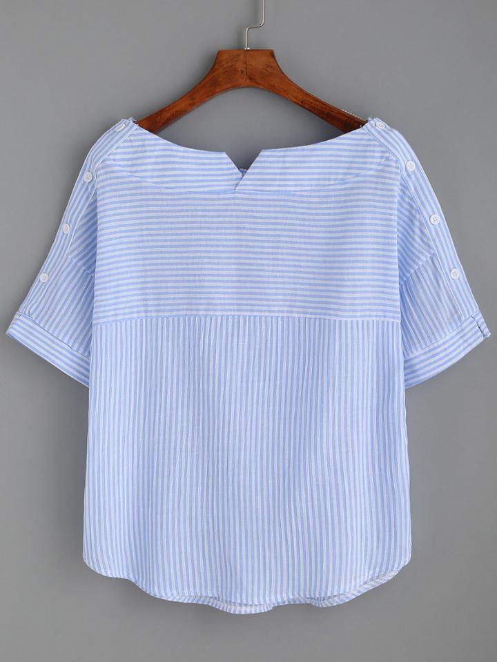 Shein Blue Stripe Boat Neck Blouse With Buttons