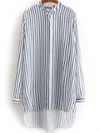 Shein Blue White Dip Hem Vertical Stripe Blouse