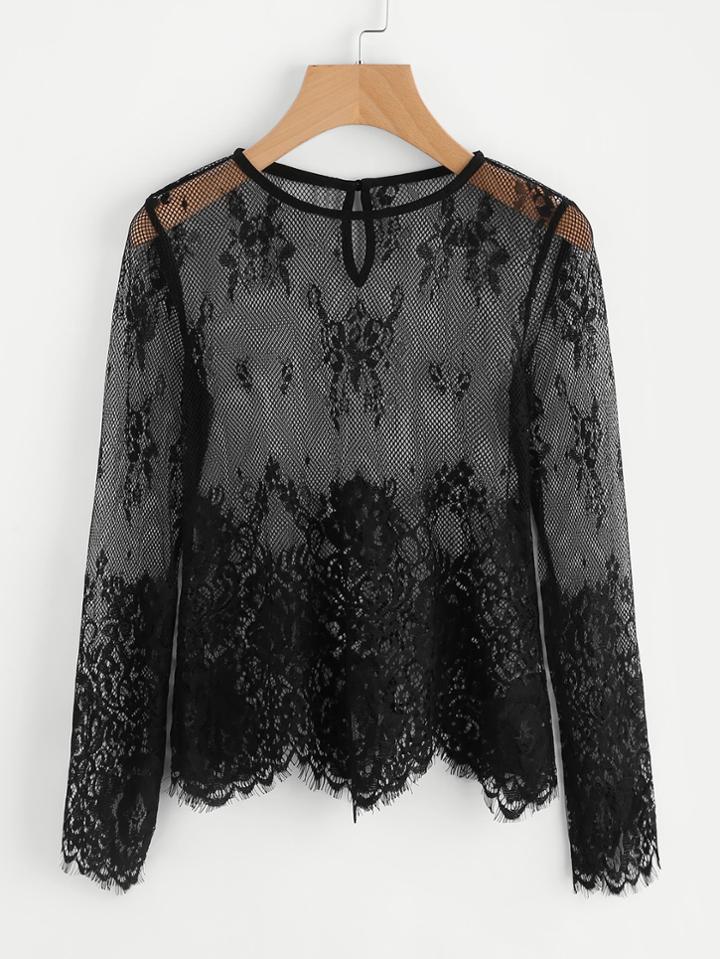 Shein Buttoned Keyhole Back Eyelash Lace Top