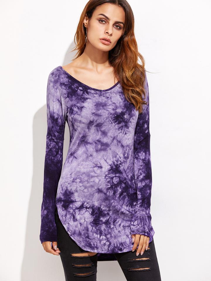 Shein Purple Tie Dye Curved Hem T-shirt