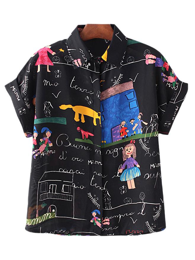 Shein Black Roll Cuff Cartoon House Printing Chiffon Blouse