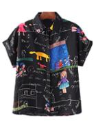 Shein Black Roll Cuff Cartoon House Printing Chiffon Blouse