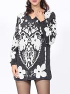 Shein Black White V Neck Floral Sweater Dress