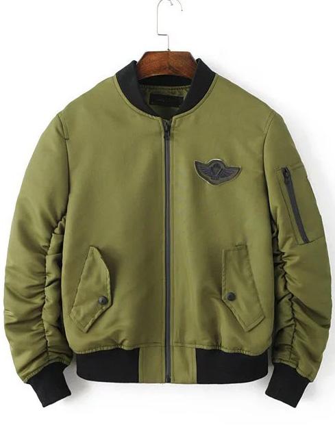 Shein Army Green Patch Detail Zipper Jacket