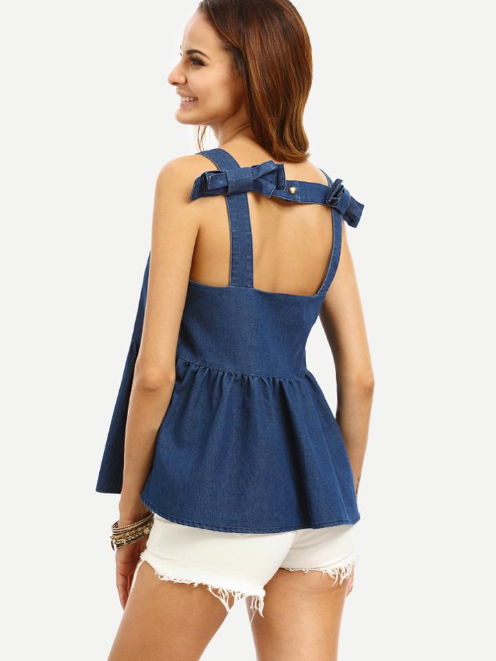 Shein Blue Sleeveless Cut Out Back Denim Blouse