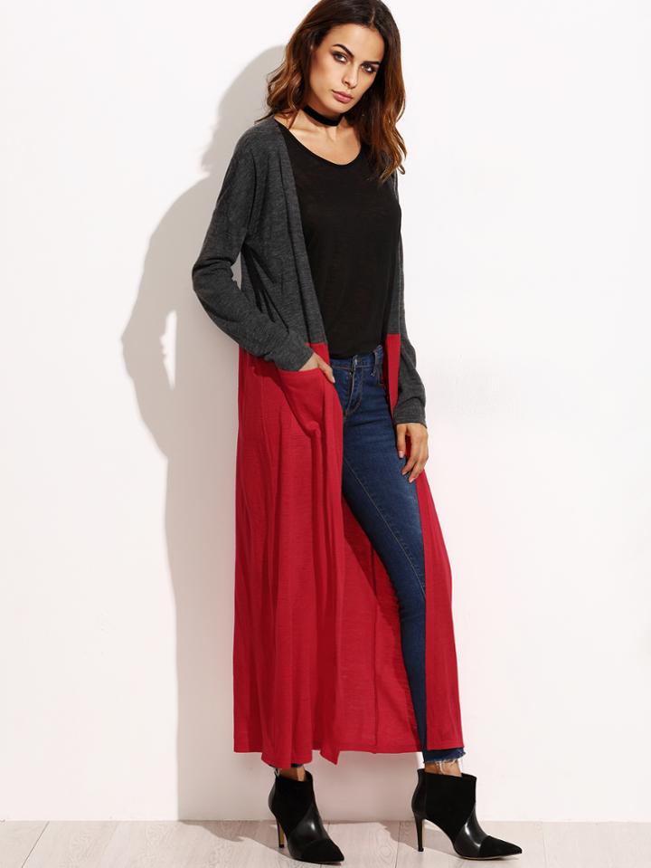 Shein Contrast Open Front Maxi Cardigan With Pockets