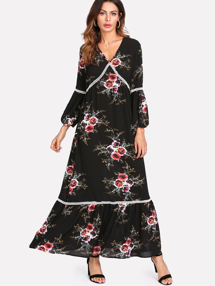Shein Ladder Lace Insert Lantern Sleeve Hijab Long Dress