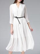 Shein White V Neck Pleated Belted Dress