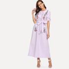Shein Self Belted Knot Detail Embroidery Dress