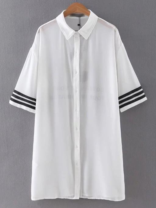 Shein White Stripe Trim Letter Printed Shirt Dress