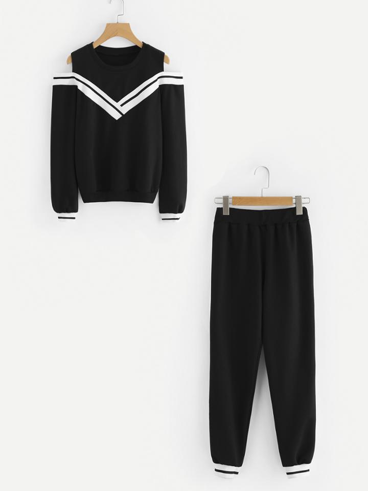 Shein Cold Shoulder Chevron Contrast Trim Top With Pants