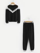 Shein Cold Shoulder Chevron Contrast Trim Top With Pants