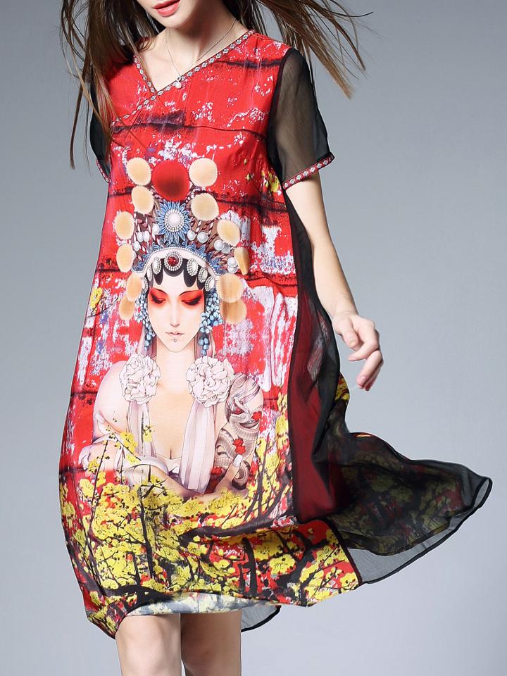 Shein Red V Neck Opera Characters Print Dress