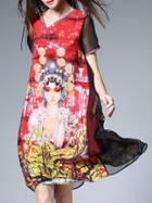 Shein Red V Neck Opera Characters Print Dress