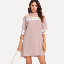 Shein Sheer Mesh Panel Lace Trim Dress