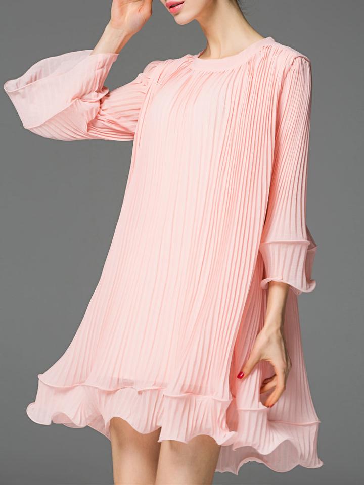 Shein Pink Crew Neck Ruffle Pleated Dress