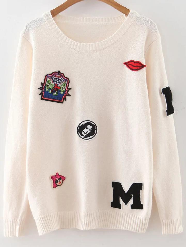 Shein White Patch Embellished Ribbed Trim Sweater