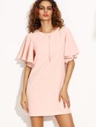 Shein Pink Tied V Back Ruffle Sleeve Dress