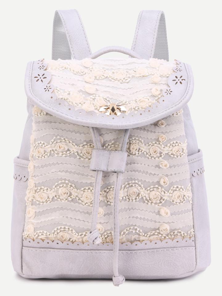 Shein Grey Lace Flower Embellished Drawstring Pu Backpack