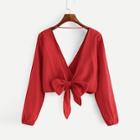 Shein Deep V Neck Knot Solid Blouse
