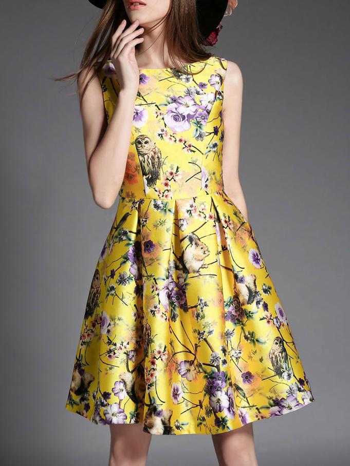 Shein Yellow Crew Neck Animals Floral A-line Dress