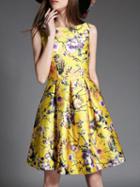 Shein Yellow Crew Neck Animals Floral A-line Dress
