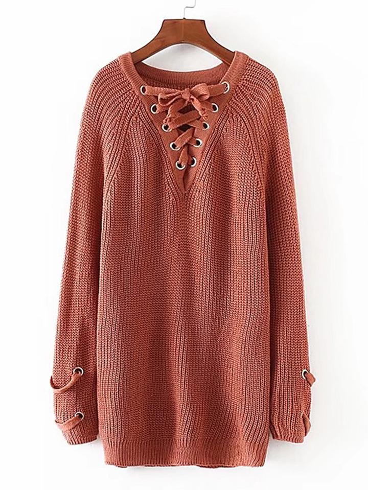 Shein Eyelet Lace Up V Neck Longline Sweater