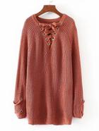 Shein Eyelet Lace Up V Neck Longline Sweater