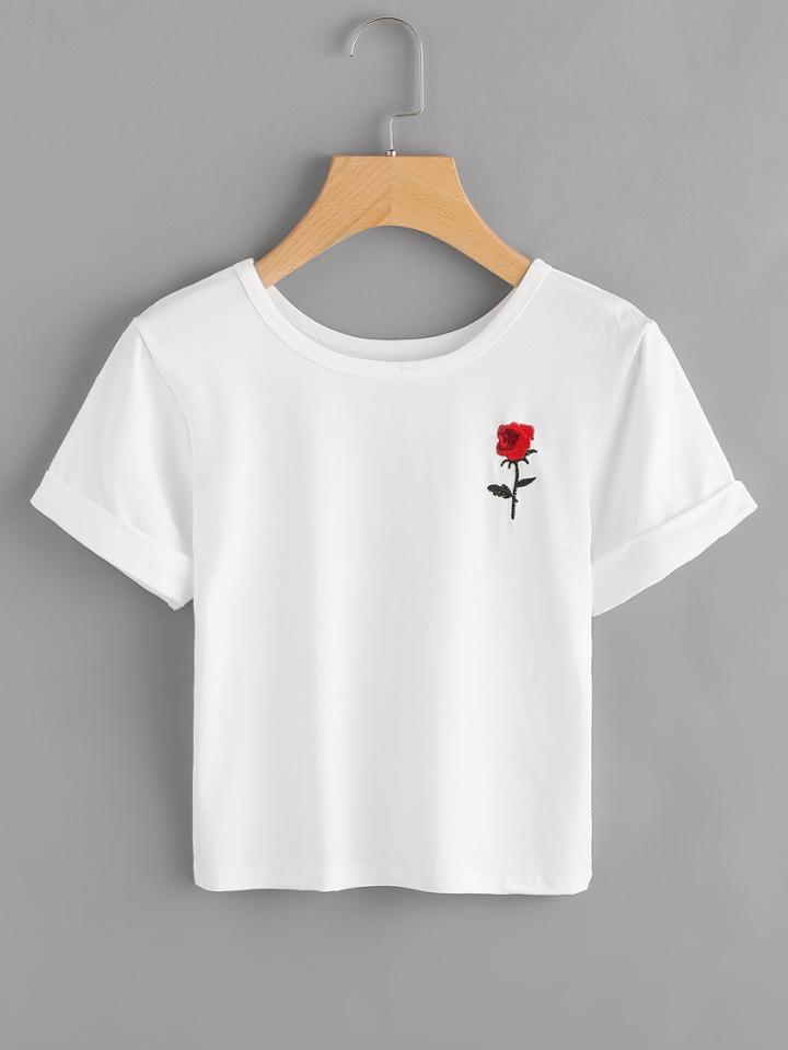 Shein Rose Embroidered Cuffed Tee