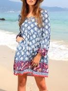 Shein Blue Pockets Vintage Print Beach Shift Dress